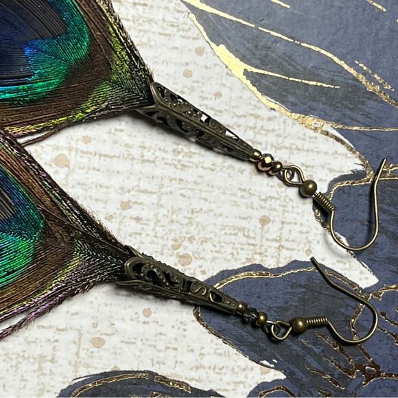 Estate Oversized Peacock Feather Drop Metal Filigree Earrings D2 - Picture 3 of 7
